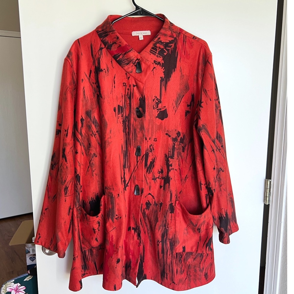 Jess & Jane Pola Jacket Women XL Red Black Abstract Velour Button Front Made USA